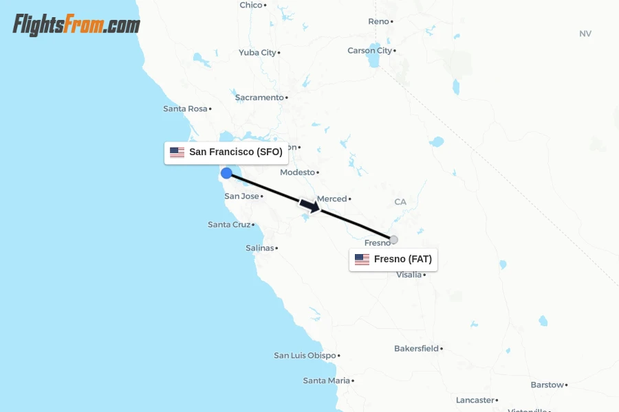 Flights from San Francisco to Fresno route map