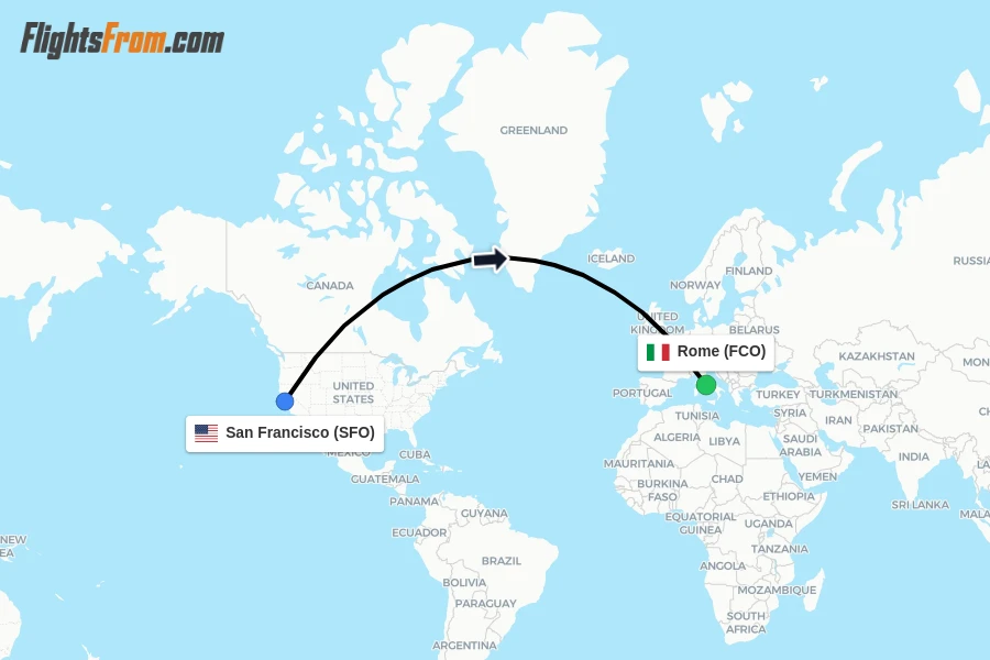 Flights from San Francisco to Rome route map