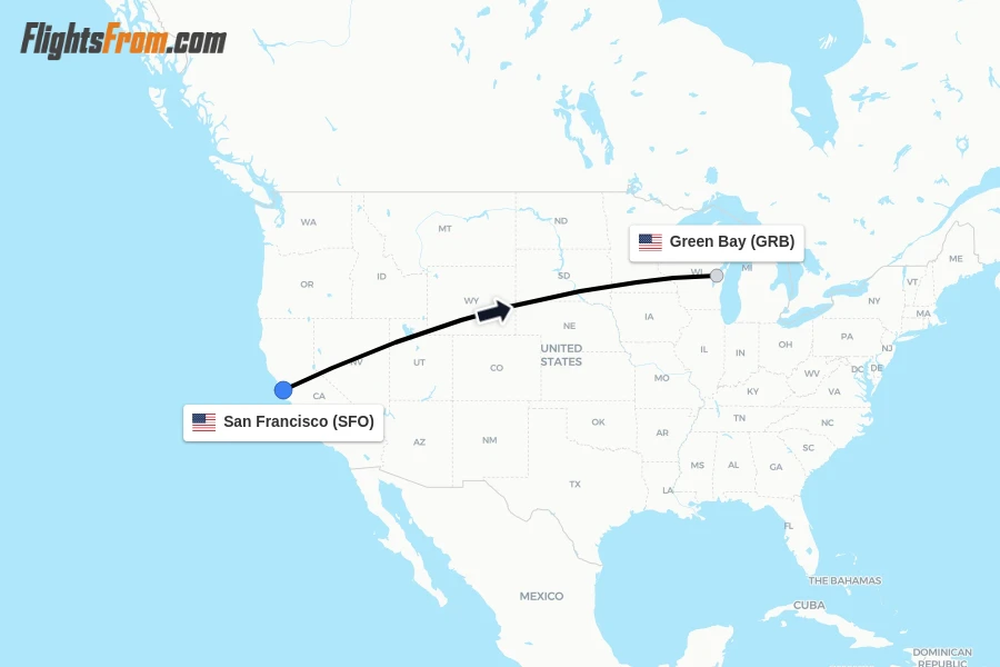 Flights from San Francisco to Green Bay route map