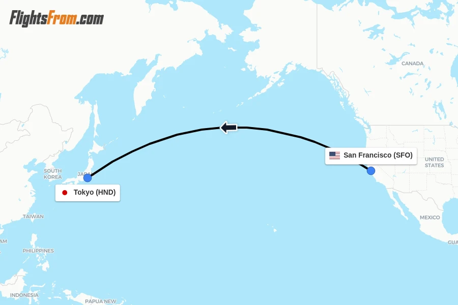 Flights from San Francisco to Tokyo route map