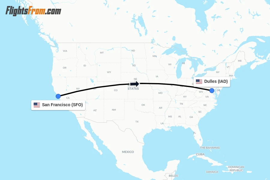 Flights from San Francisco to Dulles route map