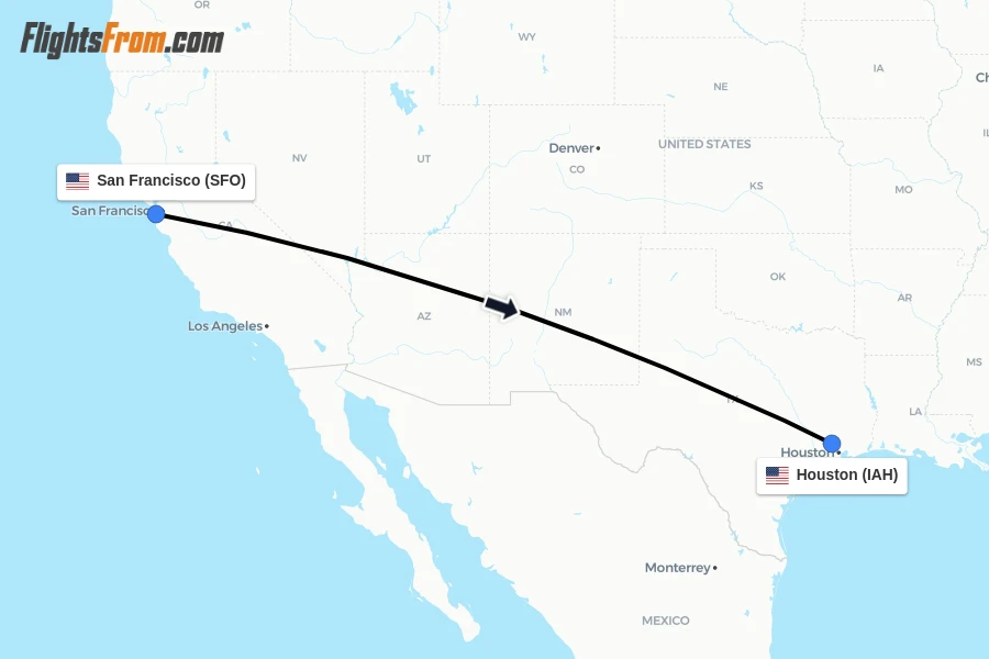 Flights from San Francisco to Houston route map