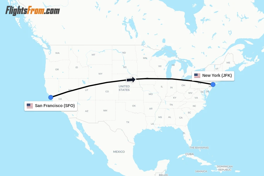 Flights from San Francisco to New York route map