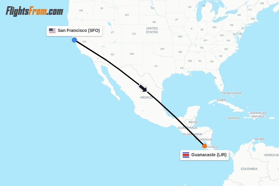 Flights from San Francisco to Guanacaste route map