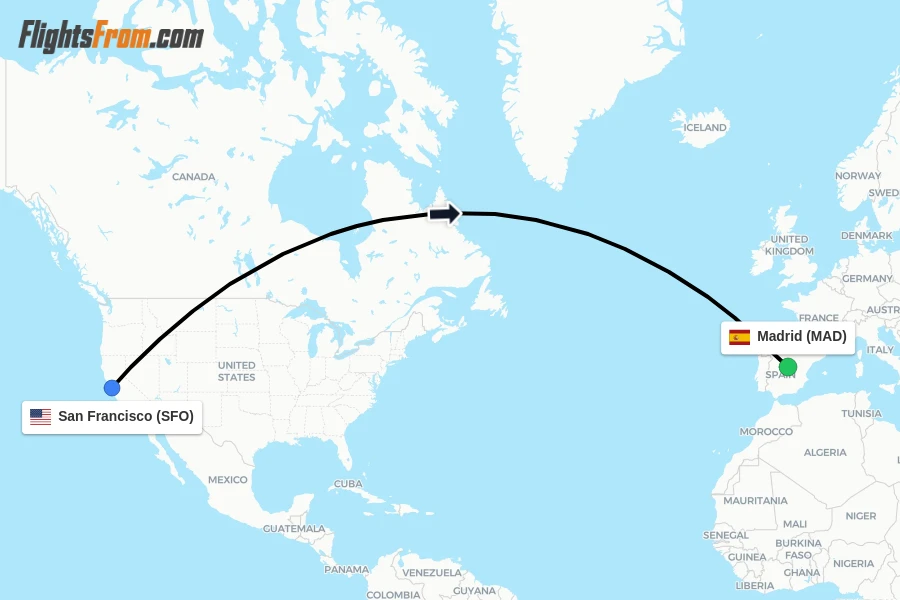 Flights from San Francisco to Madrid route map