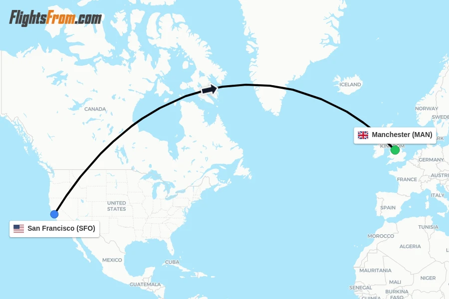 Flights from San Francisco to Manchester route map