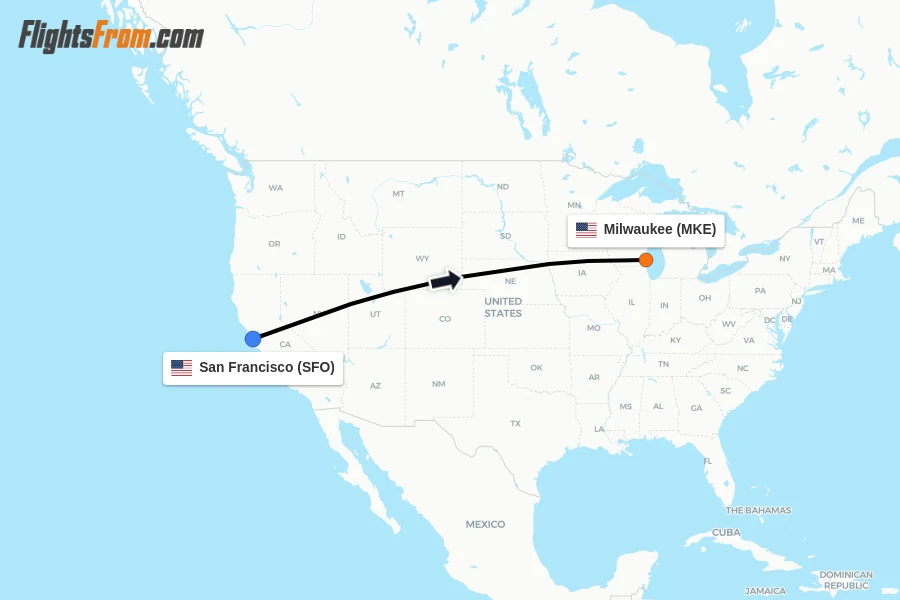 Flights from San Francisco to Milwaukee route map
