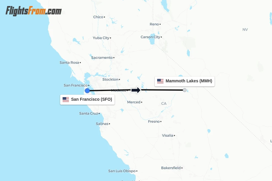 Flights from San Francisco to Mammoth Lakes route map