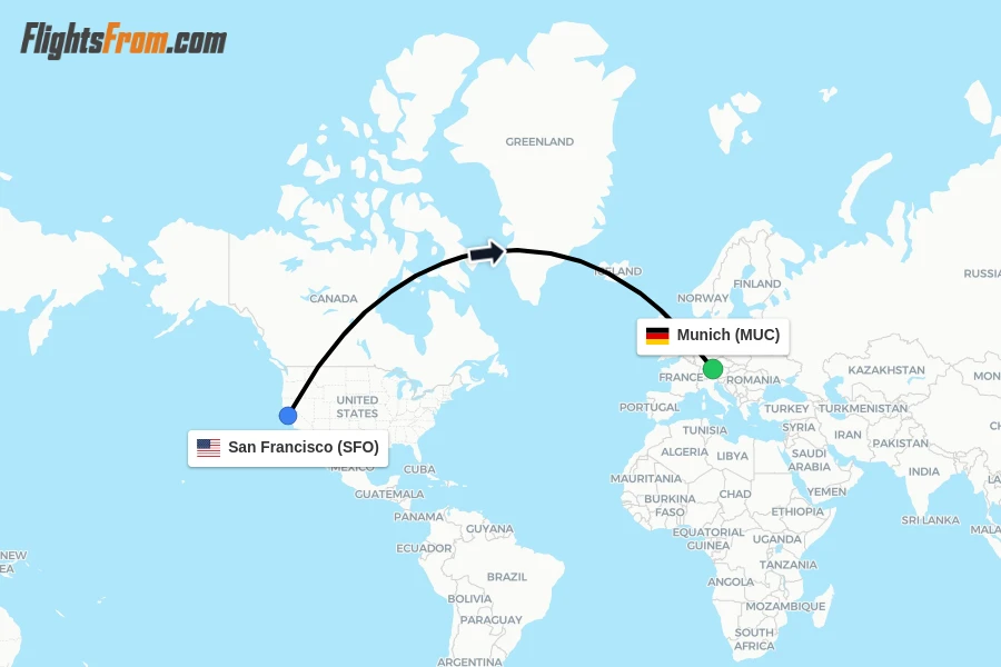 Flights from San Francisco to Munich route map