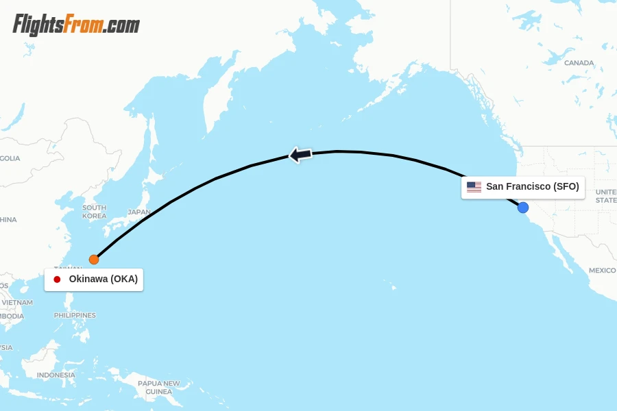 Flights from San Francisco to Okinawa route map