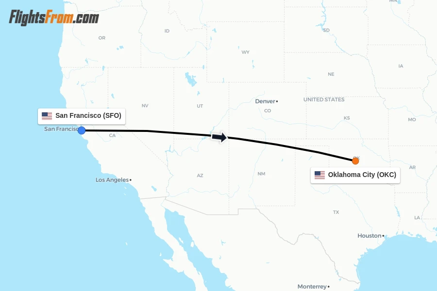 Flights from San Francisco to Oklahoma City route map