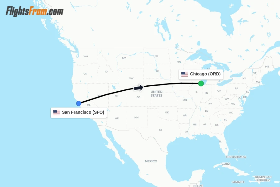 Flights from San Francisco to Chicago route map