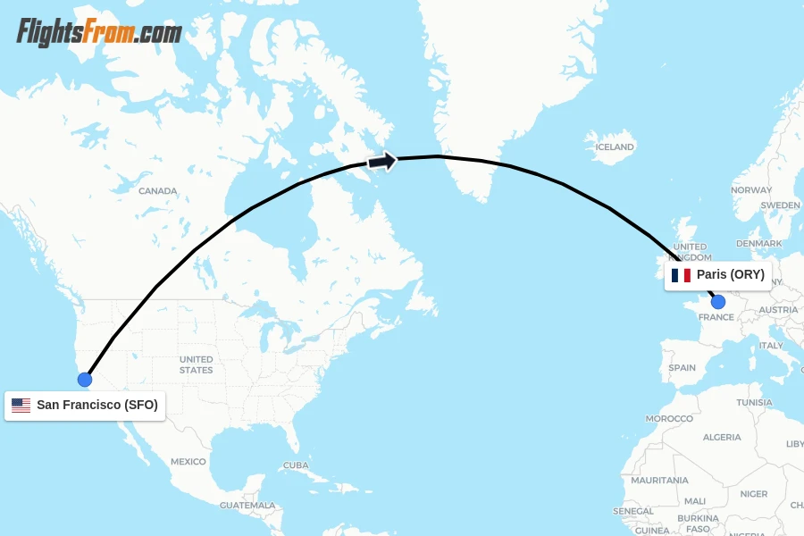 Flights from San Francisco to Paris route map