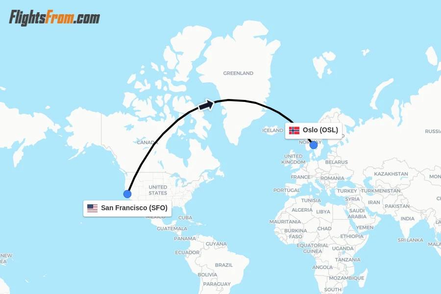 Flights from San Francisco to Oslo route map