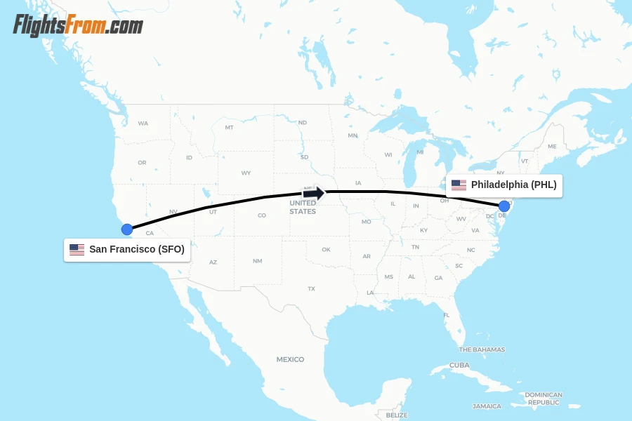 Flights from San Francisco to Philadelphia route map