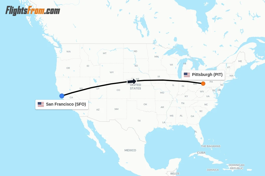 Flights from San Francisco to Pittsburgh route map