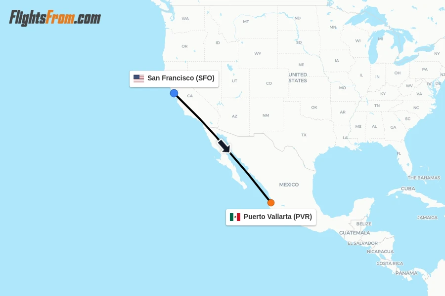 Flights from San Francisco to Puerto Vallarta route map
