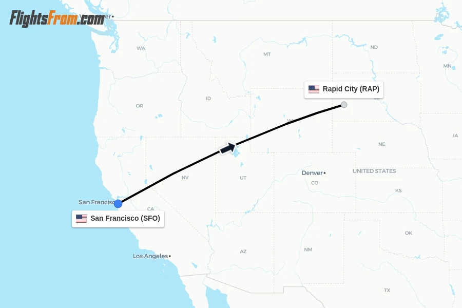Flights from San Francisco to Rapid City route map