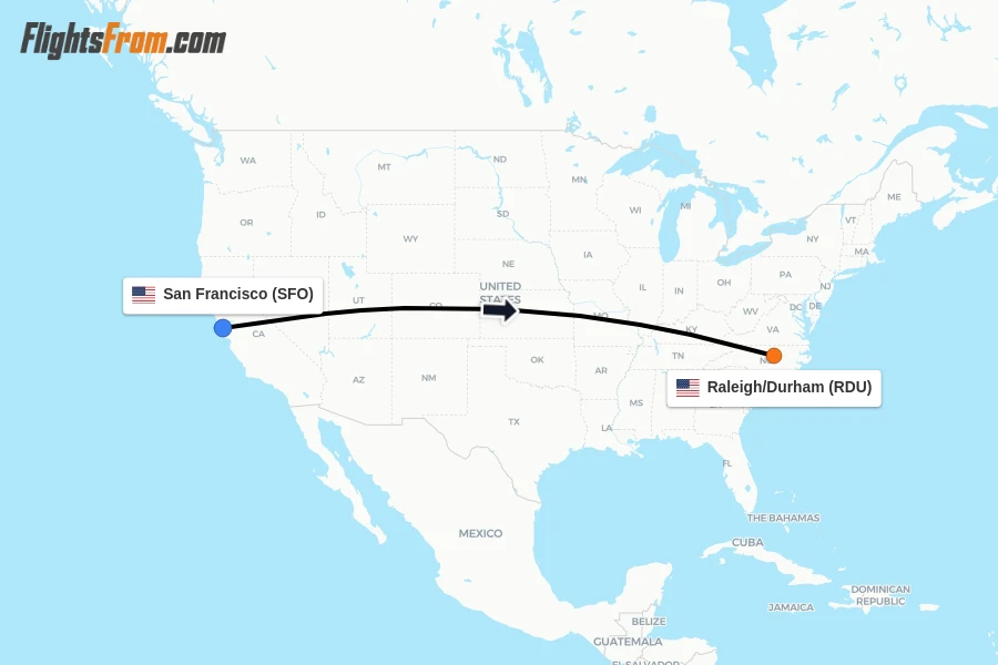 Flights from San Francisco to Raleigh/Durham route map