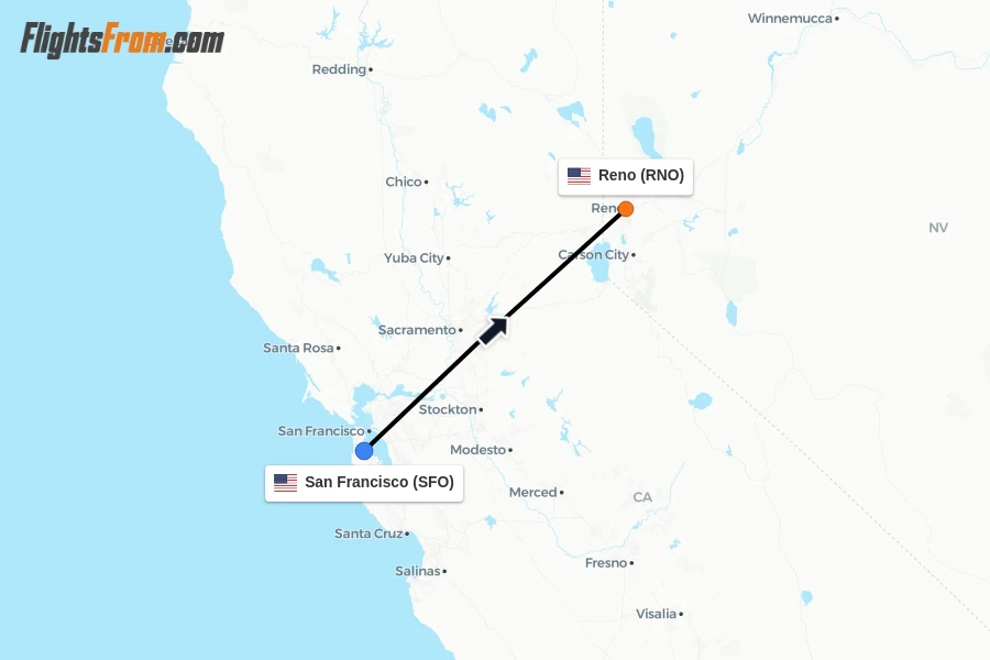 Flights from San Francisco to Reno route map