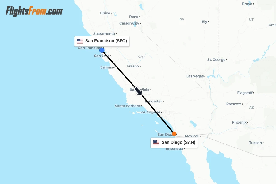 Flights from San Francisco to San Diego route map