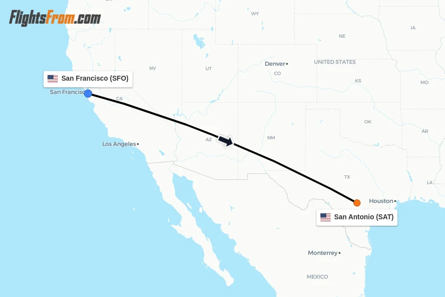 Flights from San Francisco to San Antonio route map