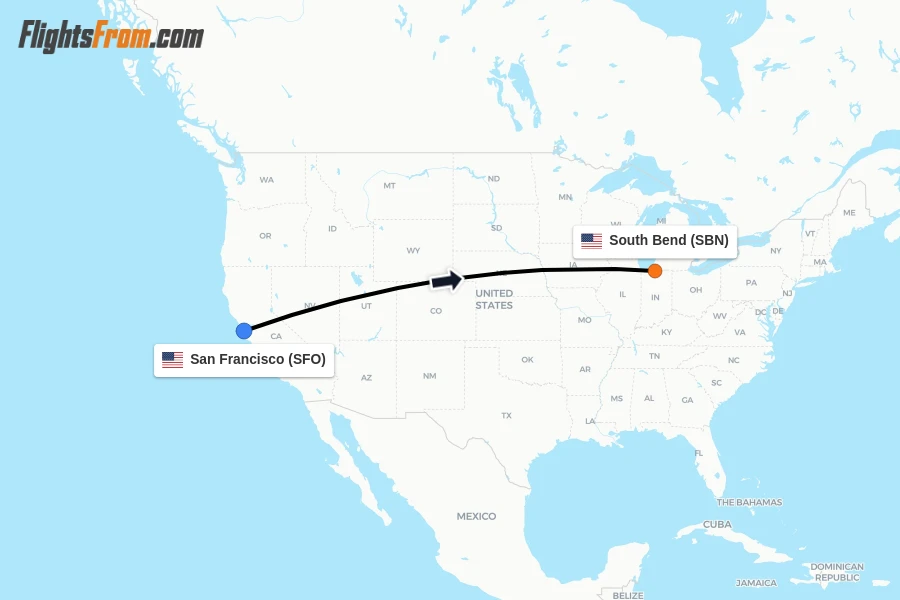 Flights from San Francisco to South Bend route map