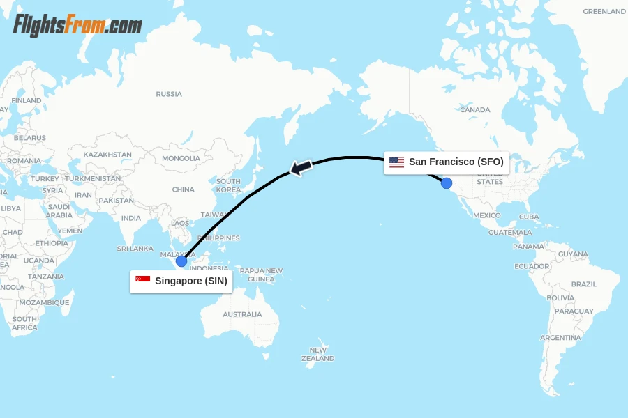 Flights from San Francisco to Singapore route map