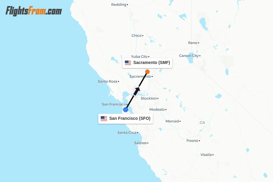 Flights from San Francisco to Sacramento route map