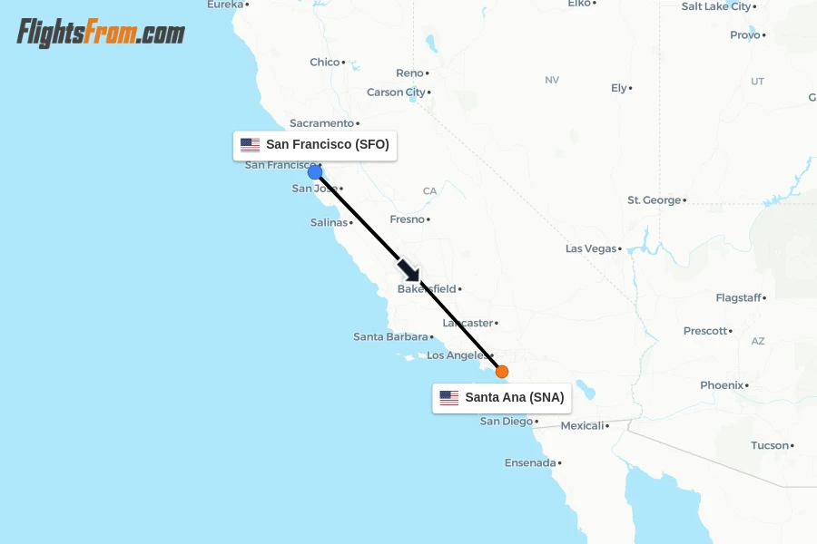 Flights from San Francisco to Santa Ana route map