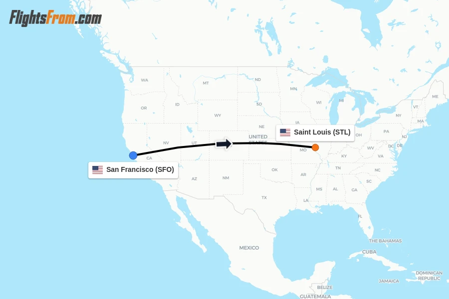 Flights from San Francisco to Saint Louis route map