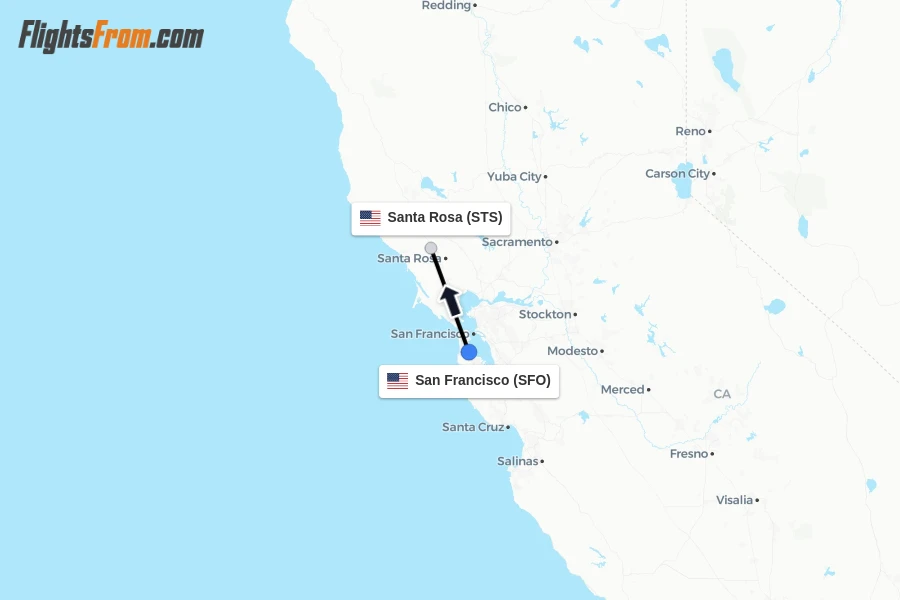 Flights from San Francisco to Santa Rosa route map