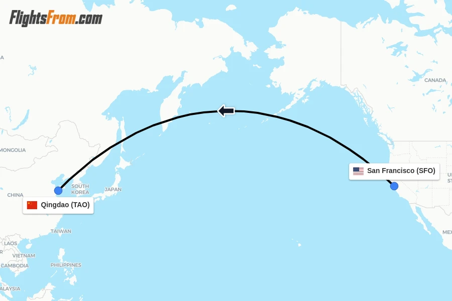 Flights from San Francisco to Qingdao route map