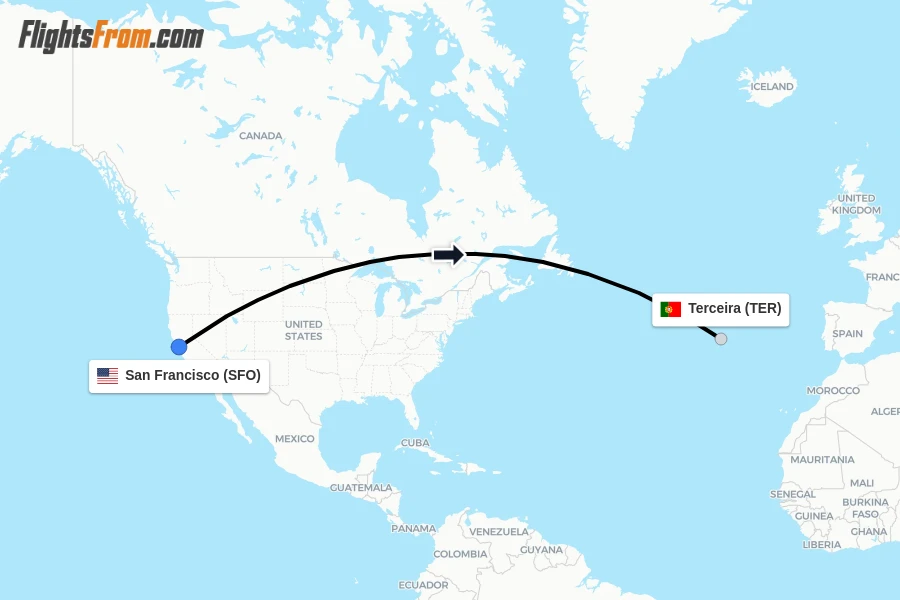 Flights from San Francisco to Terceira route map
