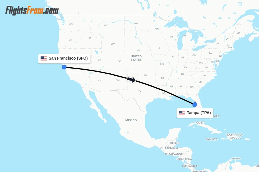Flights from San Francisco to Tampa route map
