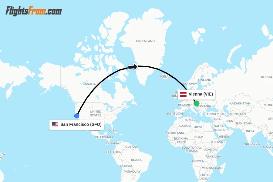 Flights from San Francisco to Vienna route map