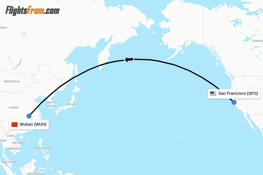 Flights from San Francisco to Wuhan route map