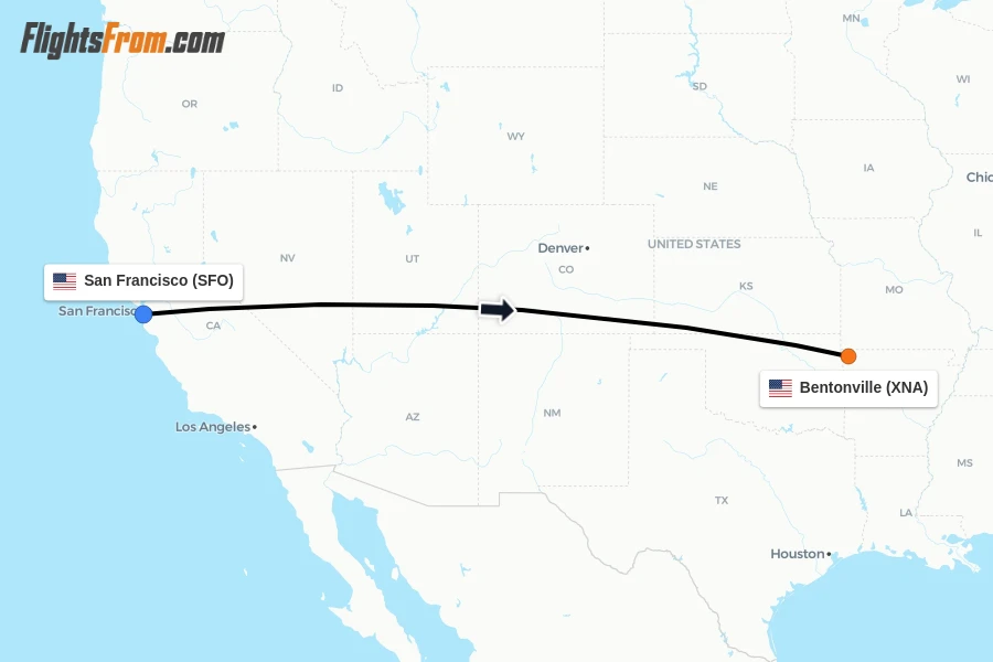Flights from San Francisco to Bentonville route map