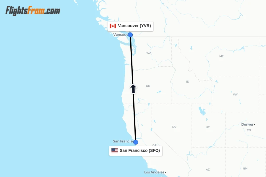 Flights from San Francisco to Vancouver route map