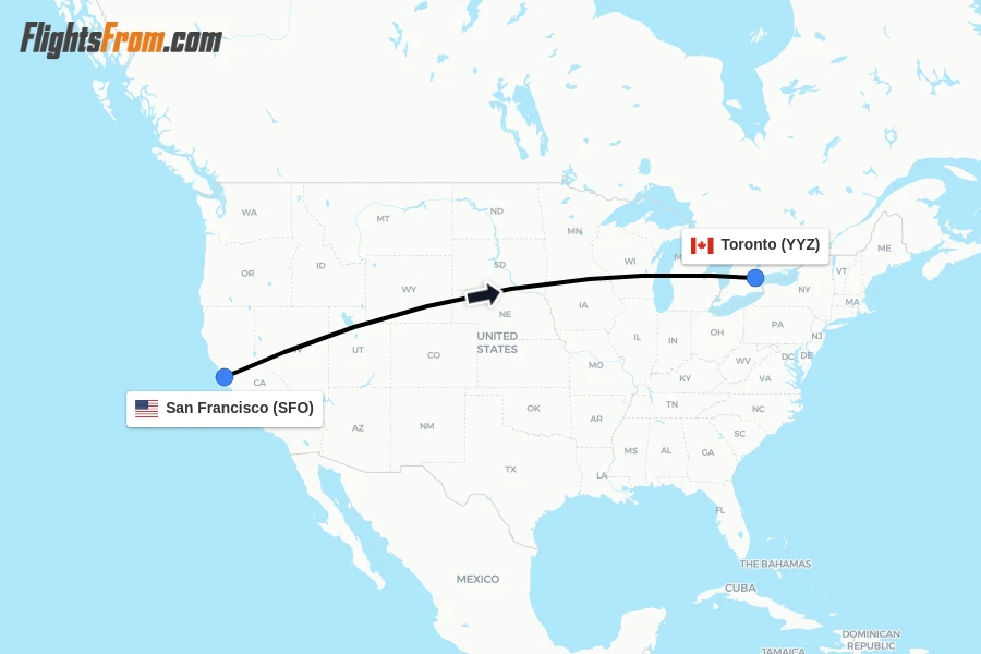 Flights from San Francisco to Toronto route map