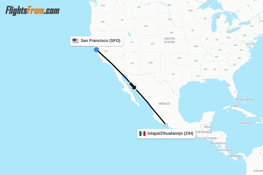 Flights from San Francisco to Ixtapa/Zihuatanejo route map
