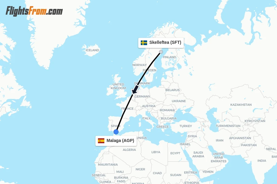 Flights from Skelleftea to Malaga route map