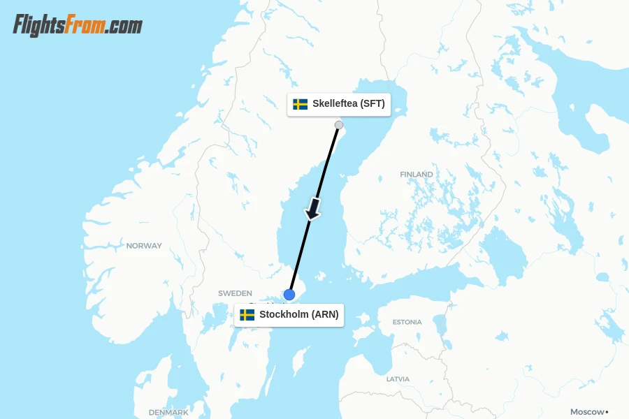 Flights from Skelleftea to Stockholm route map