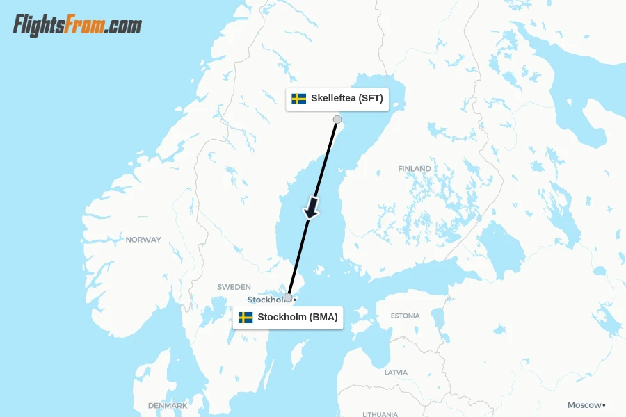 Flights from Skelleftea to Stockholm route map