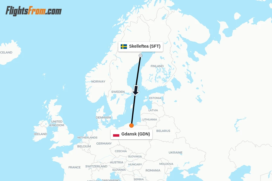 Flights from Skelleftea to Gdansk route map