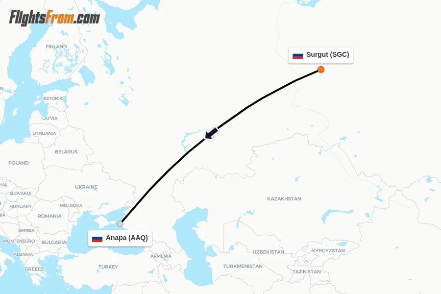 Flights from Surgut to Anapa route map