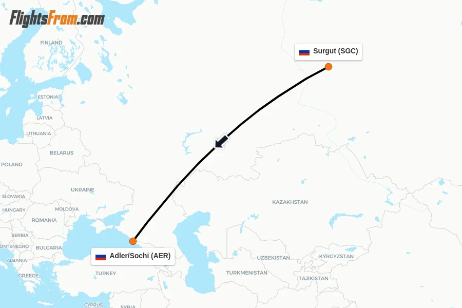 Flights from Surgut to Adler/Sochi route map