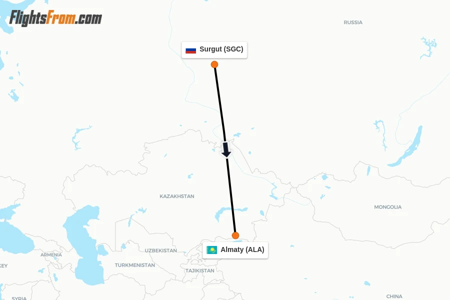 Flights from Surgut to Almaty route map