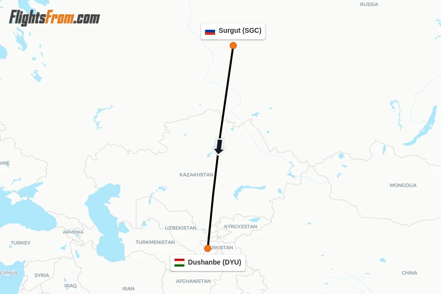 Flights from Surgut to Dushanbe route map