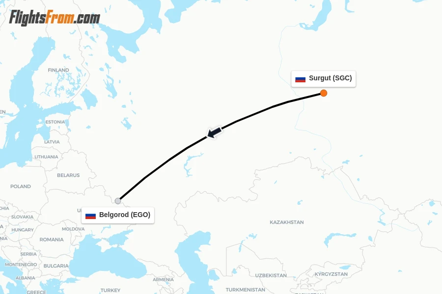 Flights from Surgut to Belgorod route map